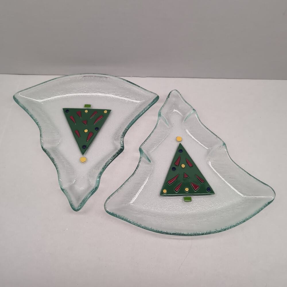 Lot of 2 Gorham Fused Glass Christmas Tree Shaped Candy Dish‎